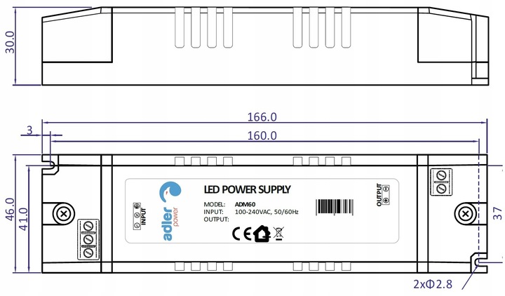 zasilacz CV 12V/60W plastic ze złączem śrubowym z zaślepką
