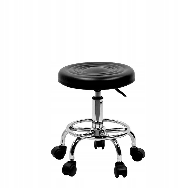 TABORET KRZESŁO STOŁEK Z KÓŁKAMI RONI CZARNY PODSTAWA CHROM SKÓRA PU