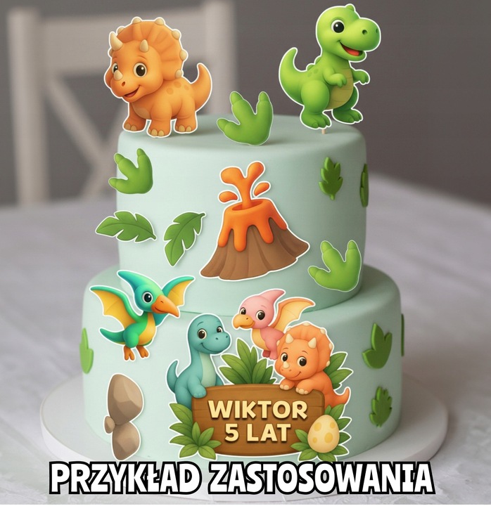 WYDRUK CUKROWY OPŁATEK NA TORT DINOZAURY DINO ZESTAW POSTACI + GRATIS TEKST