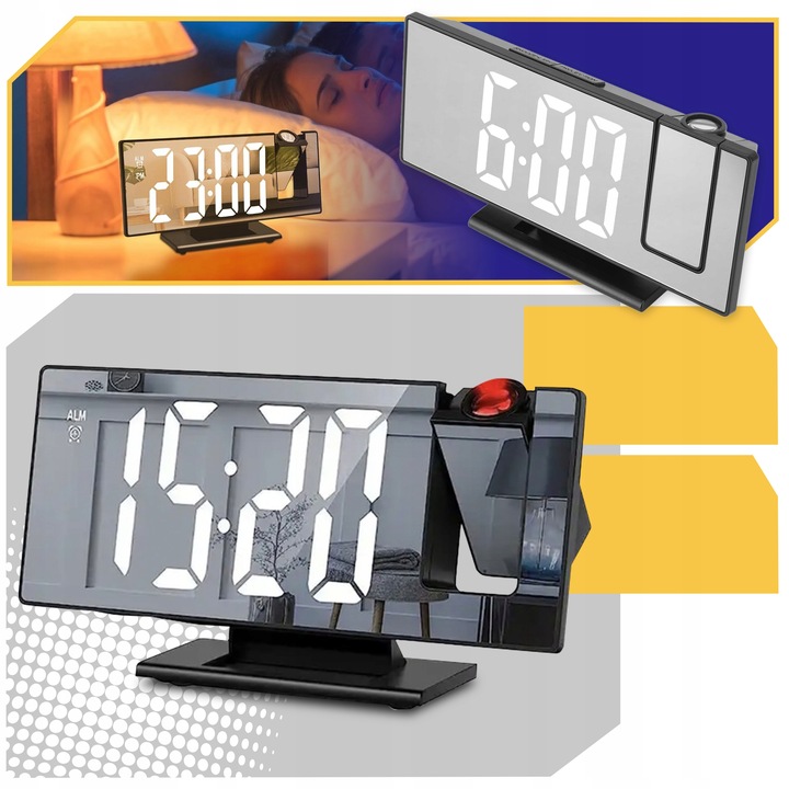 ZEGAR Budzik ELEKTRONICZNY z projektorem LED cyfrowy LUSTRO TERMOMETR 4w1
