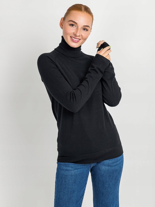 Golf Sweter Damski z Wiskozą Gładki Długi Rękaw Klasyczny Czarny L