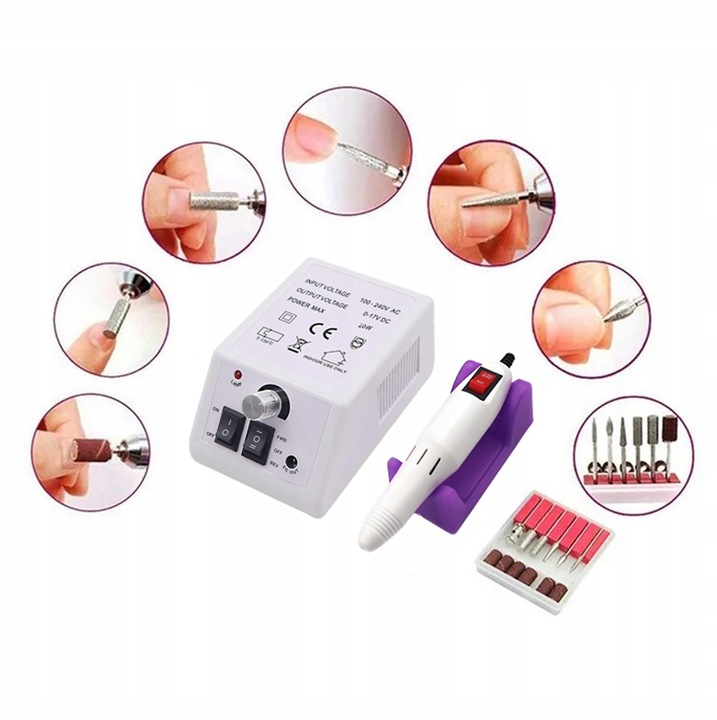 FREZARKA DO PAZNOKCI MANICURE PEDICURE PROFESJONALNA MOCNA 20W frezy zestaw