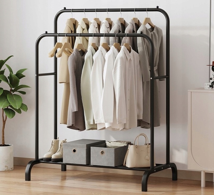 WIESZAK NA UBRANIA BUTY STOJĄCY PODŁOGOWY STOJAK CZARNY PODWÓJNY