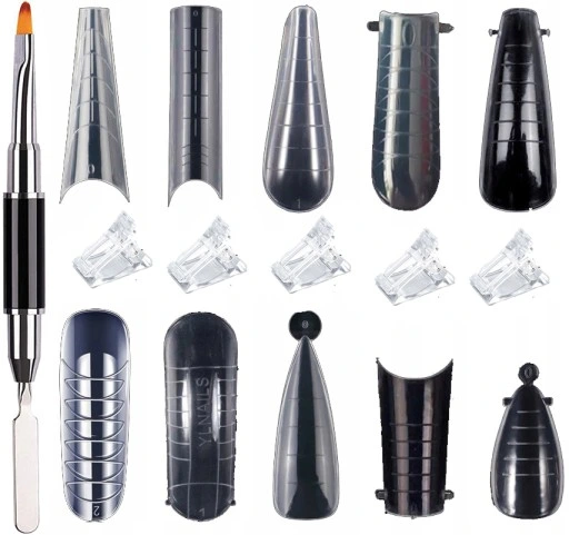 ZESTAW Formy DUAL DO AKRYLOŻELU 12 rodzajów MIGDAŁ pędzelek zaciskarka