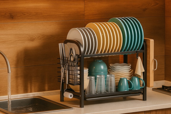 SUSZARKA DO NACZYŃ DWUPOZIOMOWA OCIEKACZ TALERZE SZTUĆCE + UCHWYT NA