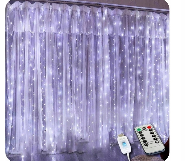 KURTYNA ŚWIETLNA kurtyna LED 2x2 m 200 LED USB pilot+ haczyki BIAŁY ZIMNY