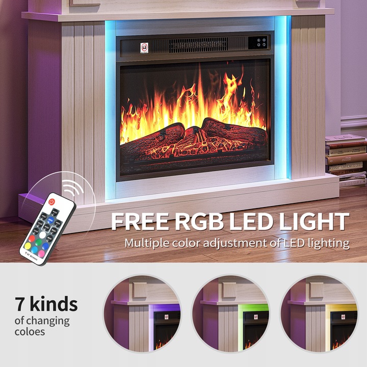 Kominek elektryczny z ogrzewaniem, płomień 3D, luksusowy biały