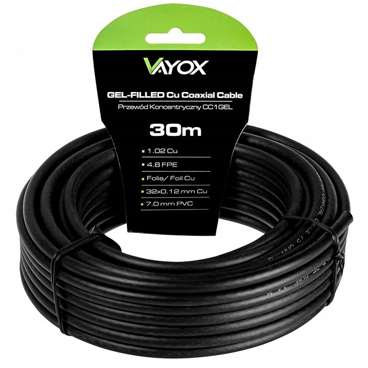KABEL KONCENTRYCZNY ŻEL PRZEWÓD ANTENOWY CU ZIEMNY MIEDŹ CZARNY VAYOX 30M