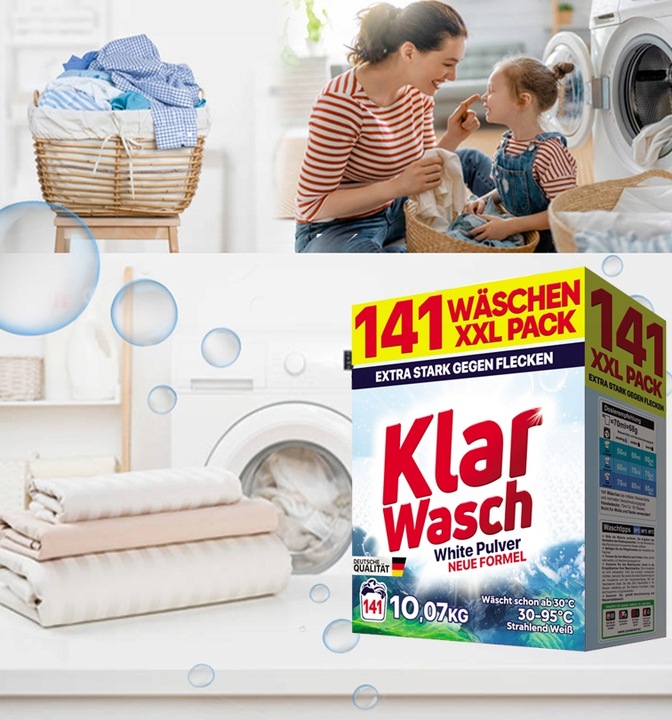 PROSZEK DO PRANIA BIAŁEGO KLAR WASCH WHITE 10KG OPAKOWANIE XXL 141 PRAŃ