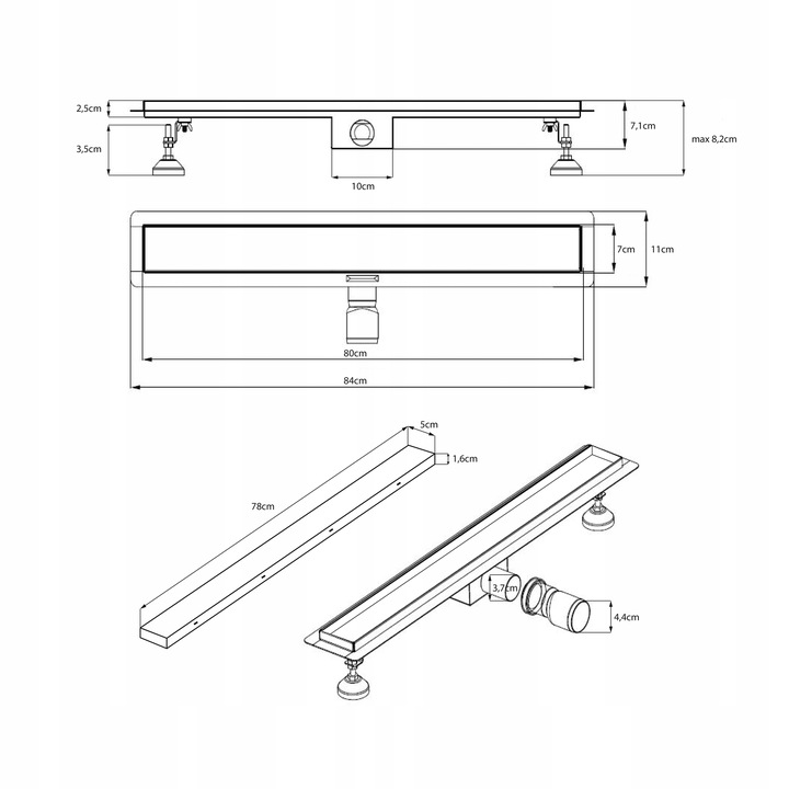 VETTÄ 2w1 ODPŁYW LINIOWY 80cm NISKI SYFON 52mm WYSOKA PRZEPUSTOWOŚĆ
