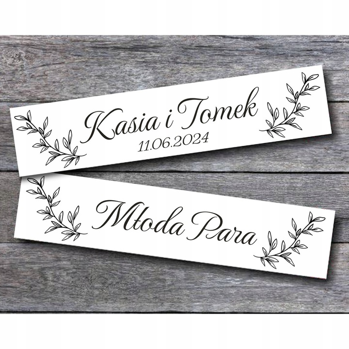 Tablice samochodowe na wesele 50x11cm złote czarne napisy ŚLUB WESELE WZORY