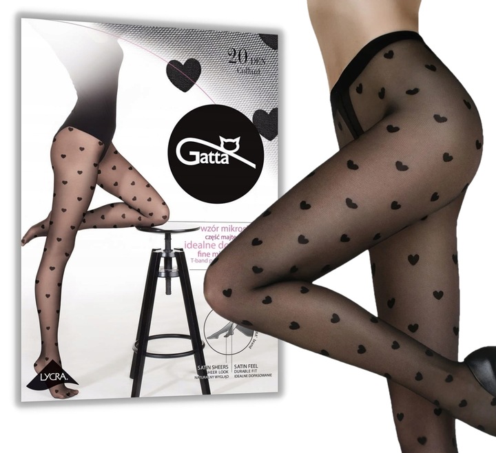 Rajstopy w serca na Walentynki GATTA Funny 08 lycra 20 den 2-S czarne