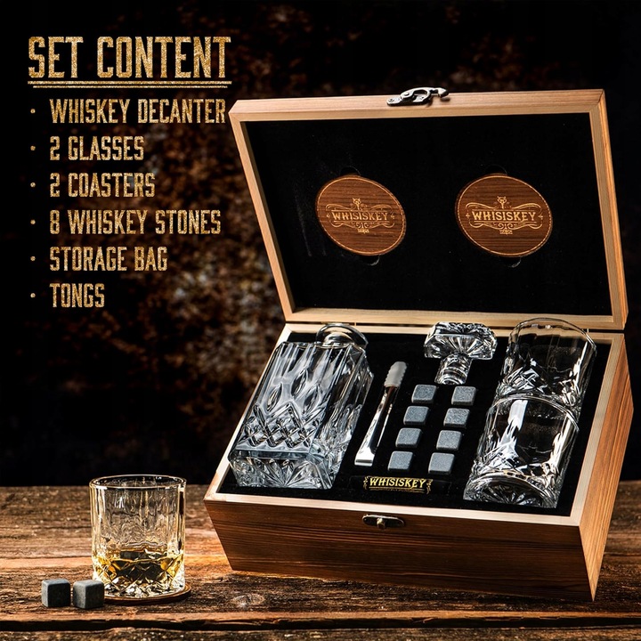 ZESTAW WHISKY DLA MĘŻCZYZN SZKLANKI KARAFKA WHISKY KAMIENIE ETUI