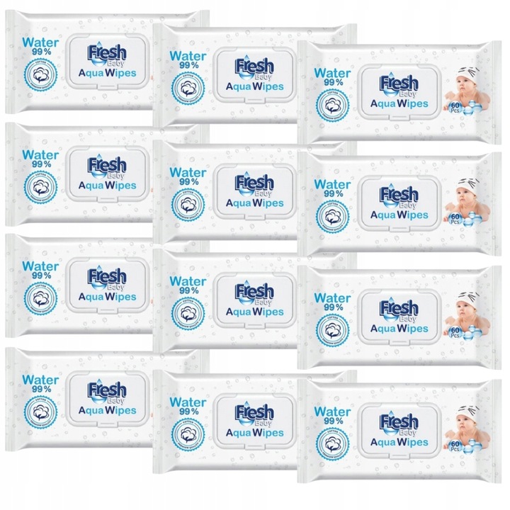 12x AQUA WIPES Nawilżane Chusteczki dla Dzieci 99% Pure Water Mokre 60 szt