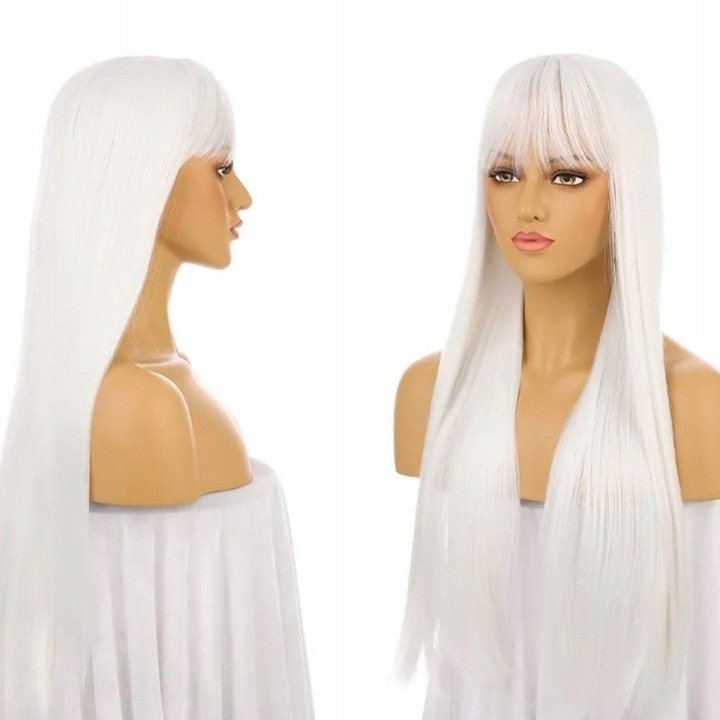 Peruka długa biała 100 cm cosplay karnawał włosy proste grzywka czepek