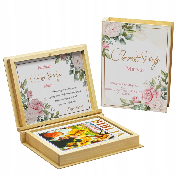 Biblia Pismo Święte Komunia Chrzest Pudełko Grawer Pamiątka PIĘKNE WZORY