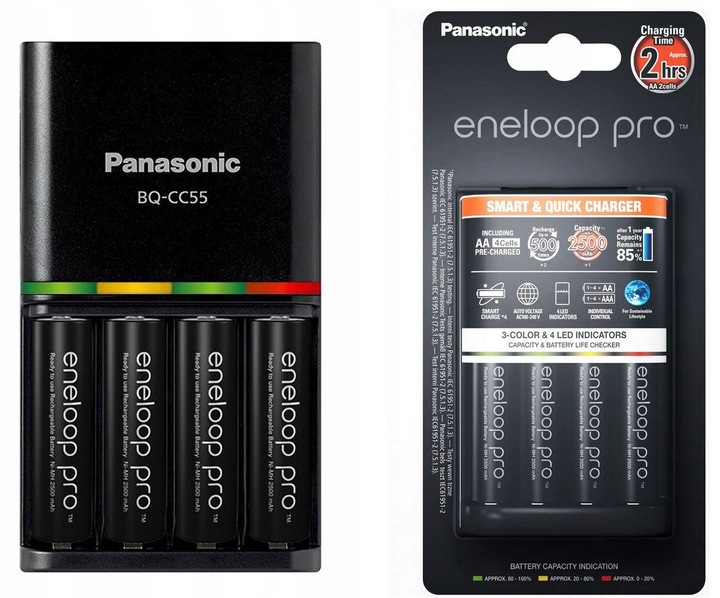 ŁADOWARKA PANASONIC BQ-CC55 + 4 x R6/AA ENELOOP PRO 2500 mAh ORYGINAŁ