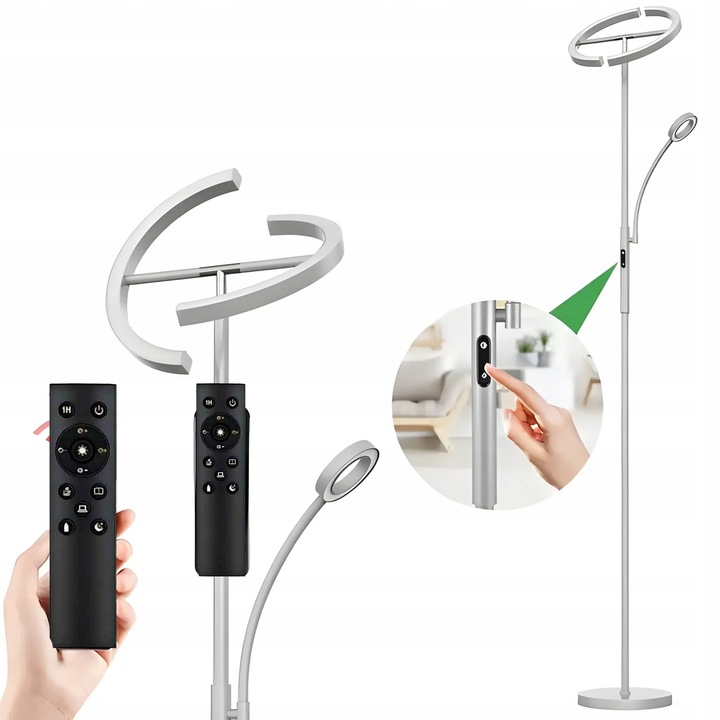 Lampa Stojąca LED Podłogowa Srebrna do Salonu Z Pilotem i Elastyczną