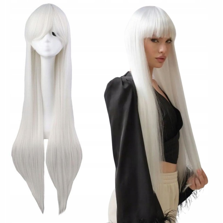 Peruka długa biała 100 cm cosplay karnawał włosy proste grzywka czepek