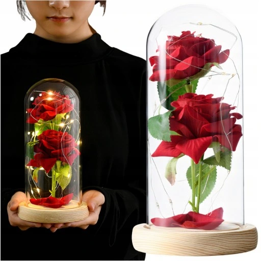 WIECZNA RÓŻA W SZKLE ŚWIECĄCA LED PREZENT PUDEŁKO NA WALENTYNKI DZIEŃ BABCI