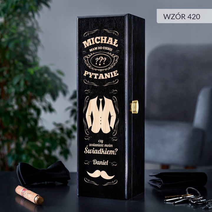 PROŚBA O ŚWIADKOWANIE SKRZYNKA NA WINO Z GRAWEREM PREZENT DLA ŚWIADKA IMIĘ