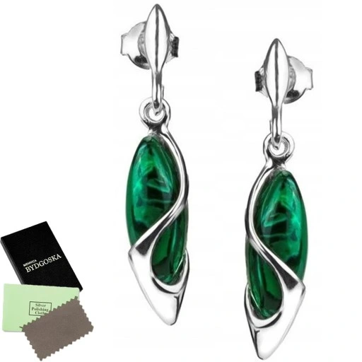 KOLCZYKI SREBRNE MALACHIT sztyfty wkrętki SREBRO