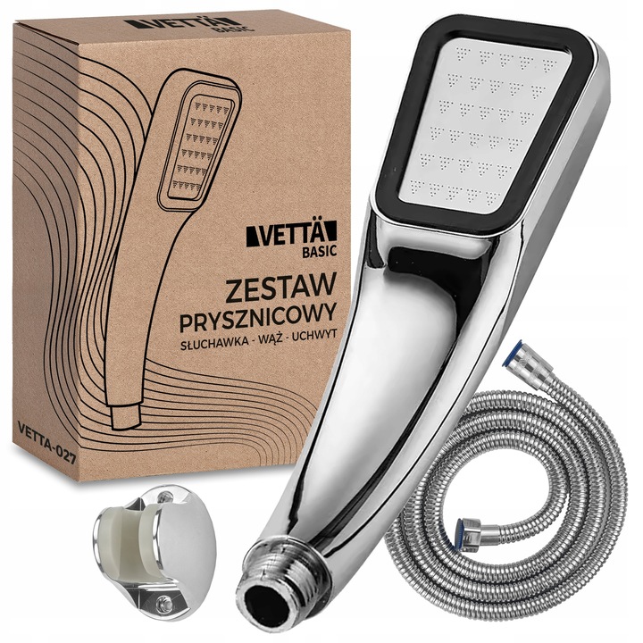 ZESTAW PRYSZNICOWY słuchawka wąż uchwyt srebrna CIŚNIENIE OSZCZĘDNA