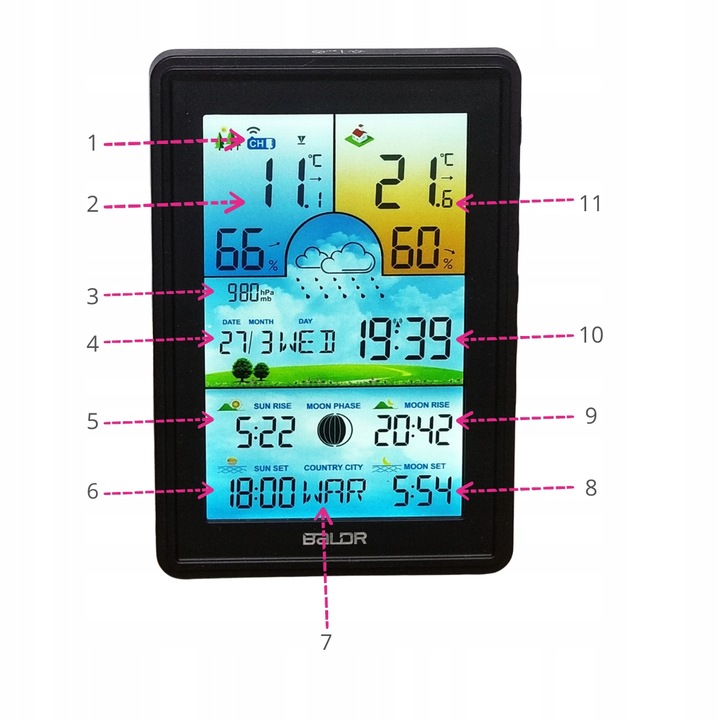 STACJA POGODOWA BALDR BEZPRZEWODOWA BAROMETR TERMOMETR LCD KOLOR
