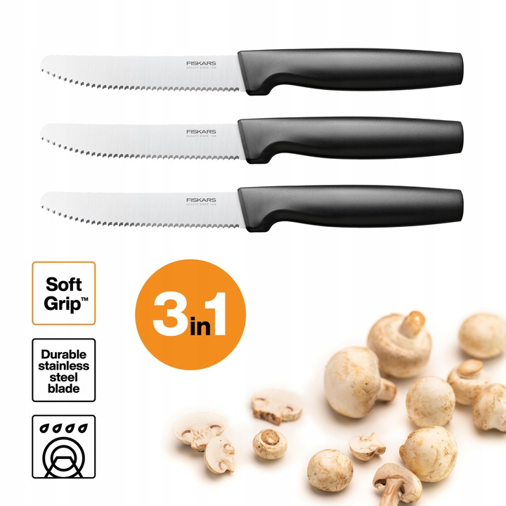 FISKARS FF KOMPLET 3 NOŻY STALOWYCH DO POMIDORÓW Z ZĄBKAMI SET OSTRE