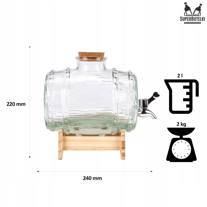 Beczka szklana z kranikiem 2L beczułka antałek karafka do whisky na wodę