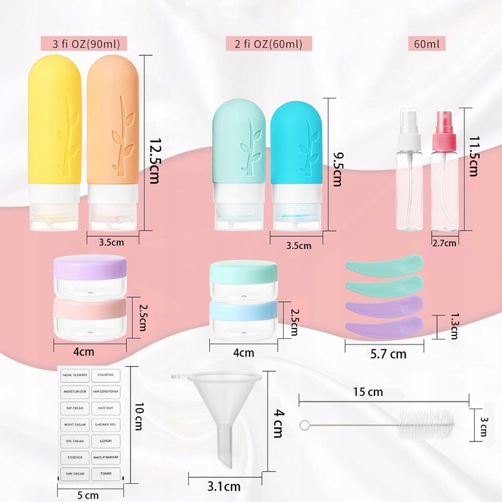 KOSMETYCZKA PODRÓŻNA POJEMNIKI DO SAMOLOTU BUTELKI ZESTAW 19 EL. Z SUWAKIEM