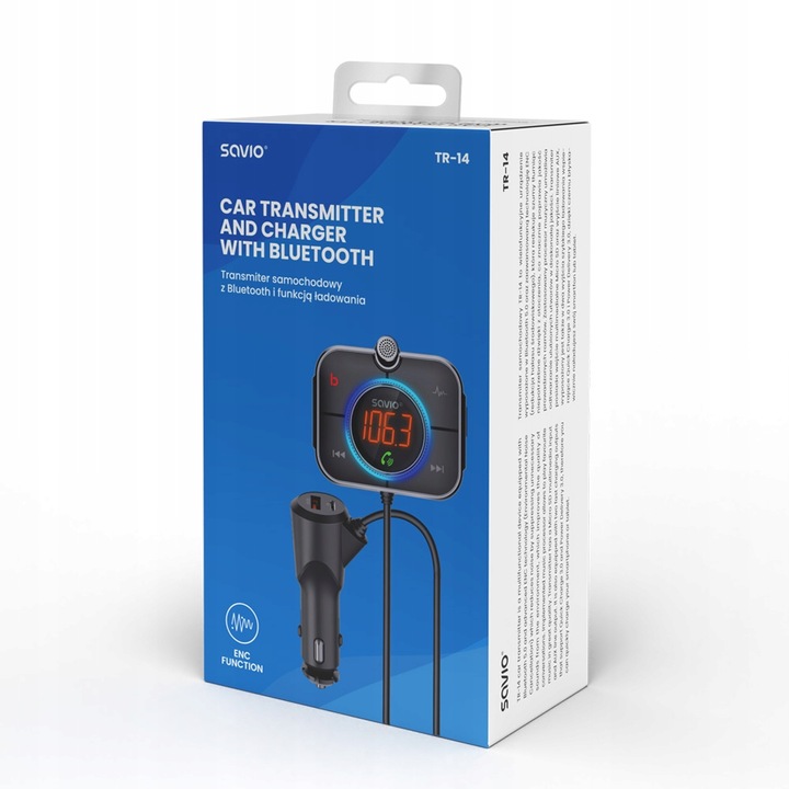 Transmiter FM Bluetooth Ładowarka USB QC SAVIO TR-14 Zestaw