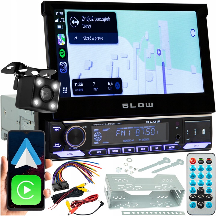 RADIO SAMOCHODOWE 1-DIN 7 CALI WYSUWANY DOTYKOWY EKRAN CARPLAY ANDROID