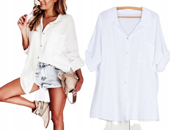 MUŚLINOWA KOSZULA TUNIKA oversize BAWEŁNA GUZIKI z masy perłowej 914