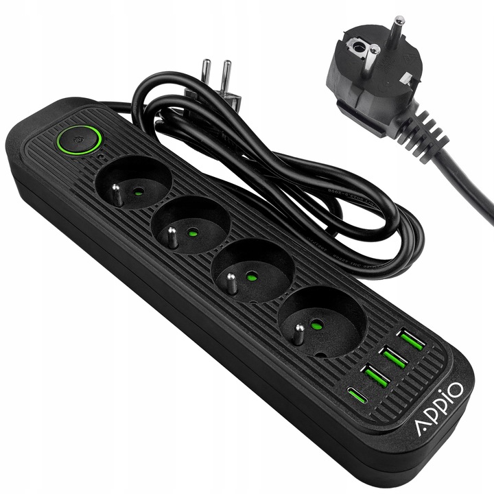PRZEDŁUŻACZ APPIO listwa zasilająca 2m 4 gniazda + 3x USB + 1x USB C