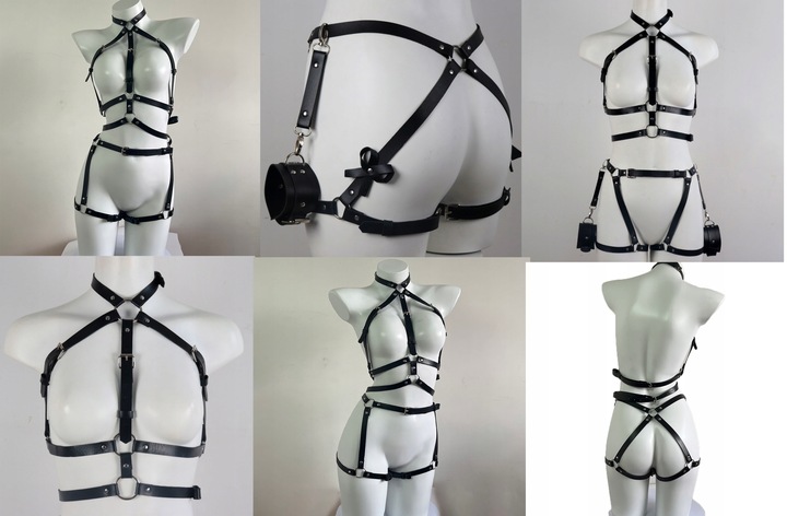 KOMPLET BIELIZNA EROTYCZNA SEXY CZARNA SKÓRZANA S