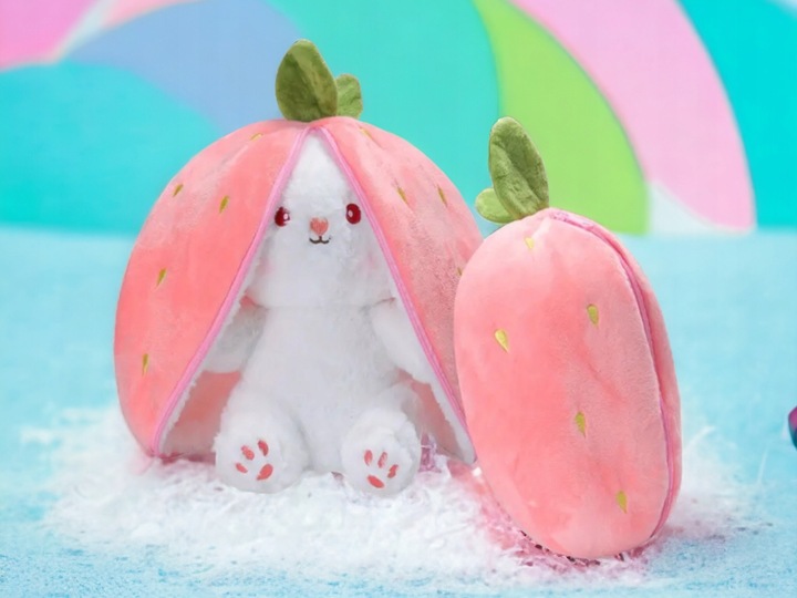 Maskotka Króliczek W TRUSKAWCE RÓŻOWY KRÓLIK ZAJĄC PLUSZAK MIŚ 2w1 40cm