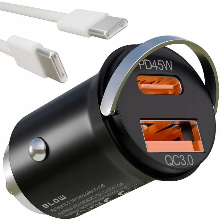 MOCNA ŁADOWARKA SAMOCHODOWA SZYBKIE ŁADOWANIE PD QC 45W USB-C 3,1A KABEL 1M