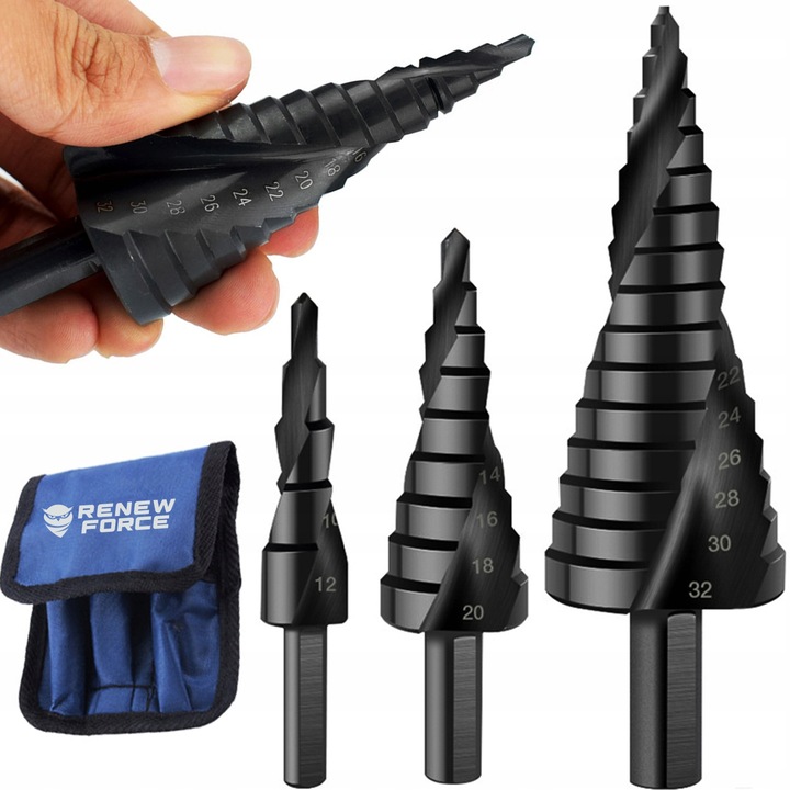 3x SPIRALNE Wiertło stożkowe stopniowe HSS do metalu drewna 4-32MM