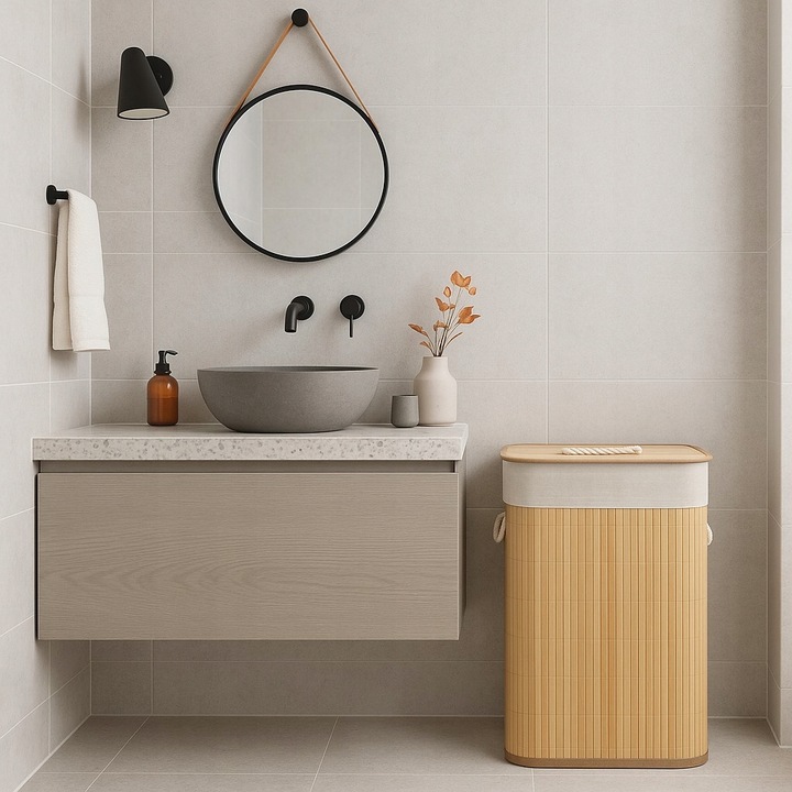 KOSZ NA PRANIE BAMBUSOWY BEŻOWY 60L Z WYJMOWANYM WORKIEM 40 X 30 X 50