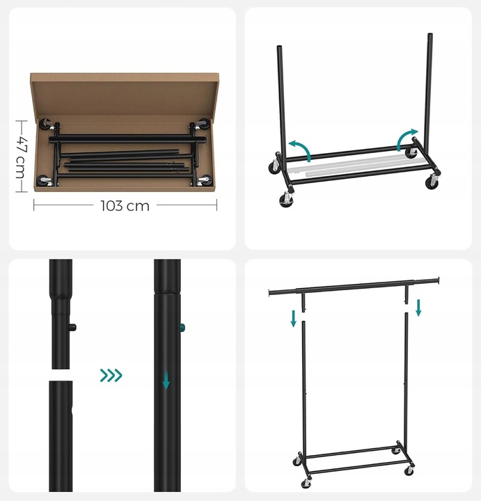 MOBILNY wieszak stojący na ubrania NA KÓŁKACH 45,4x(92-132)x160