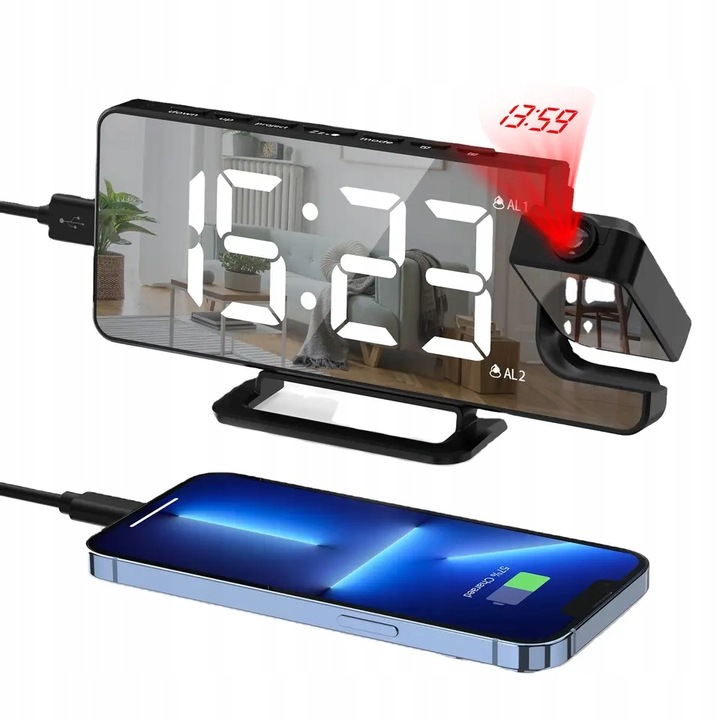 BUDZIK ZEGAR ELEKTRONICZNY GŁOŚNY Z PROJEKTOREM LED STOJĄCY CYFROWY DATA