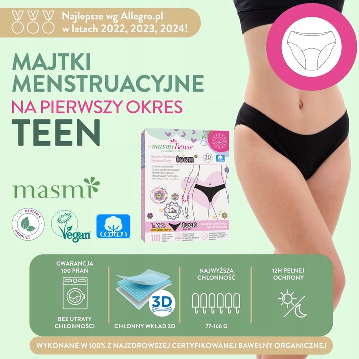 Majtki menstruacyjne ekologiczne Masmi DLA NASTOLATEK XS 100% bawełna BIO