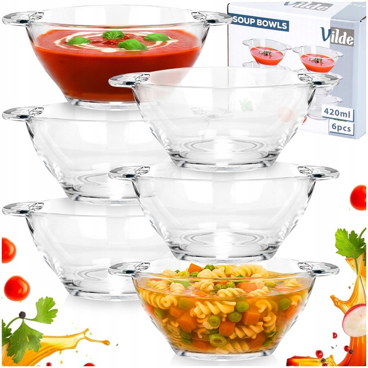 6x Miska BULIONÓWKA miseczka szklana obiadowa z uszami uchwytami 420 ml