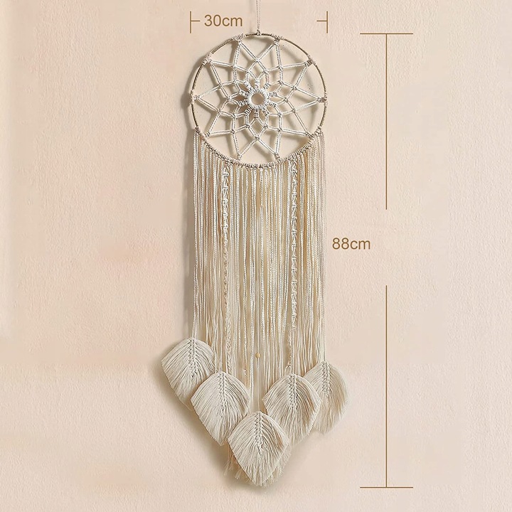 MAKRAMA NA ŚCIANĘ BOHO ŁAPACZ SNÓW OZDOBA ŚCIENNA ZE SZNURKA LIŚCIE OZDOBNE
