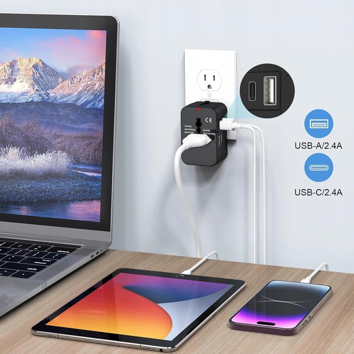 PRZEJŚCIÓWKA ADAPTER GNIAZDKA PODRÓŻNY USA UK CAŁY ŚWIAT USB C PD