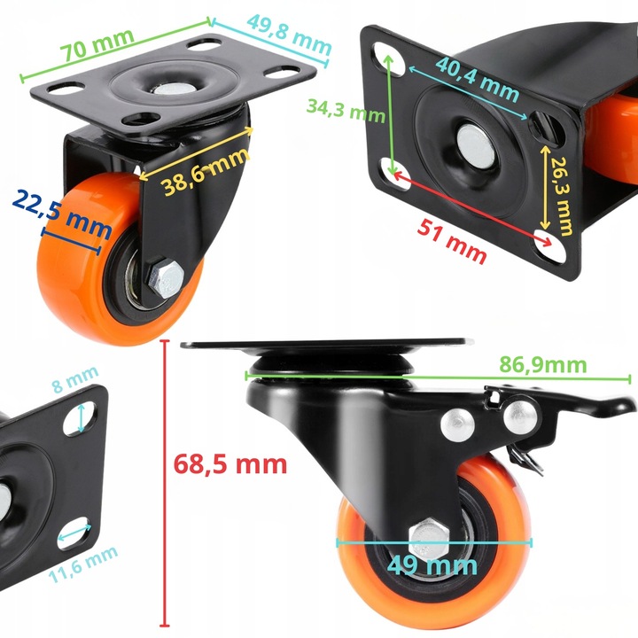 KÓŁKA OBROTOWE JEZDNE MAŁE KOŁA SKRĘTNE ZESTAW JEZDNY 4szt 300kg +
