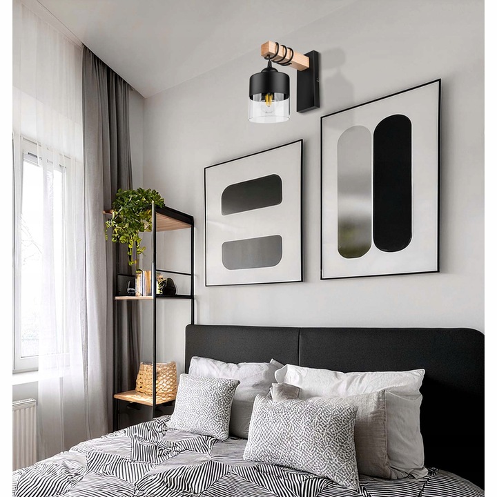 Kinkiet Czarny Lampa Ścienna Nowoczesna Loft Drewniana E27 LEDLUX 60W