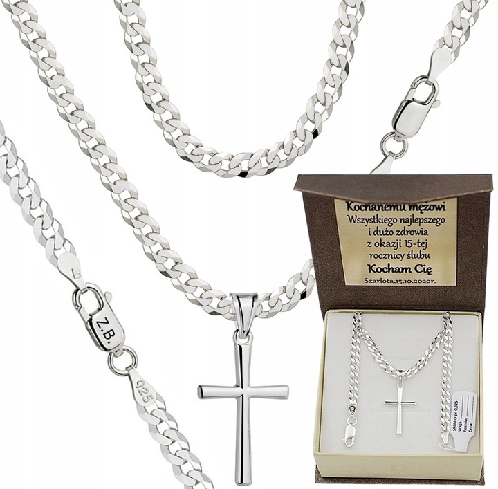 Łańcuszek Srebrny Męski Pancerka Pełny 3,80 mm z Krzyżykiem Grawer Gratis