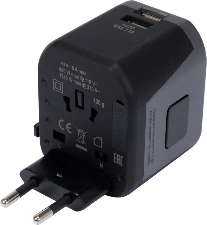 UNIWERSALNY ADAPTER PODRÓŻNY DO PONAD 150 KRAJÓW Z ŁADOWARKĄ 2X USB 5V/2,4A